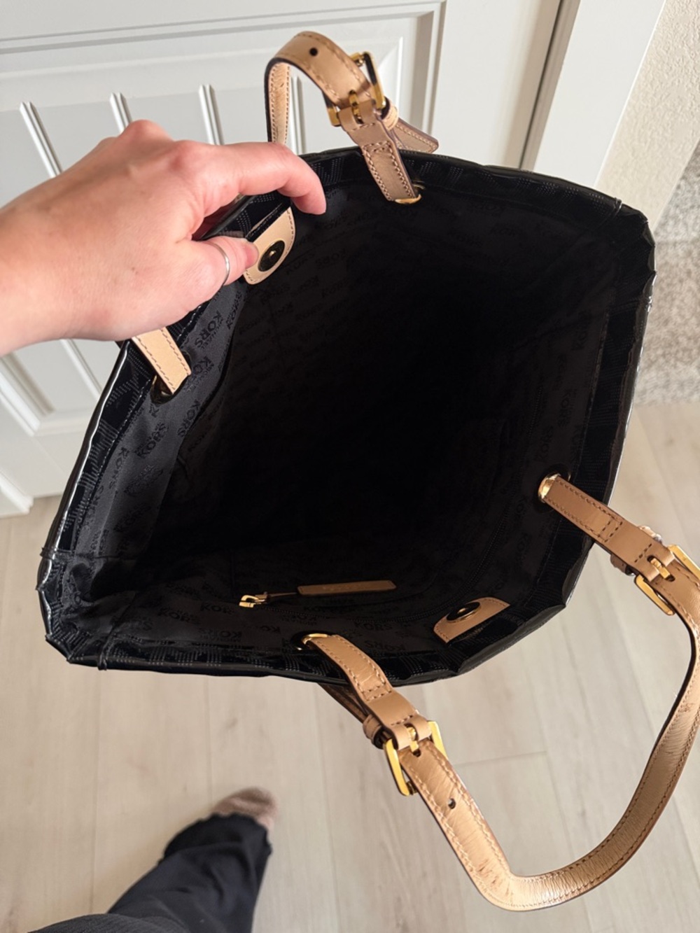 Michael Kors Black Patent Tote with Tan Shoulder Straps - Picture 2 of 5